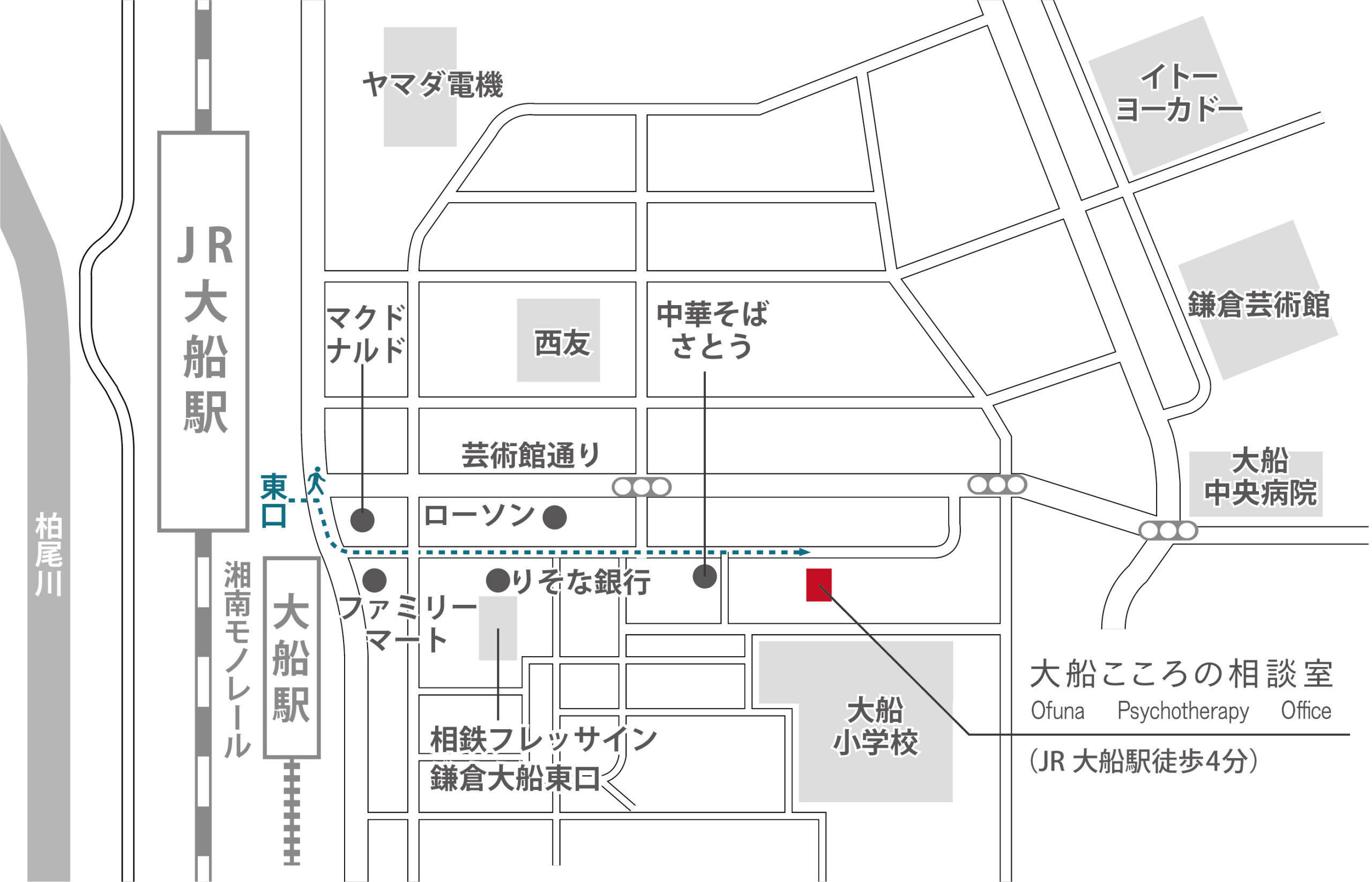 JR大船駅から大船こころの相談室までの地図。JR大船駅徒歩4分。